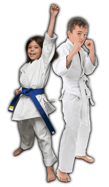 Martial Arts Lessons for Kids in Rainier WA - Happy Blue Belt Girl and Focused Boy Banner